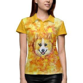 Женская рубашка поло 3D с принтом Корги в листьях ,  |  | Тематика изображения на принте: 