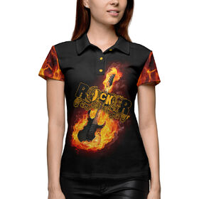 Женская рубашка поло 3D с принтом Fire Guitar Rocker в Новосибирске,  |  | Тематика изображения на принте: 