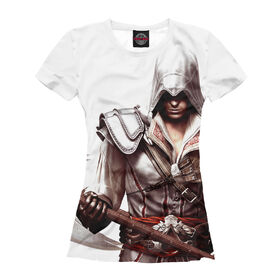 Женская футболка 3D с принтом Assassin`s Creed Ezio Collection в Санкт-Петербурге, Выбор из трех типов ткани | <ul> <li>Обычная ткань — интерлок, спортивный трикотаж. Плотность 140 г/м.кв. Состав: 100% полиэстер</li> <li>Премиум ткань — джерси, мягкий трикотаж. Плотность 180 г/м.кв. Состав: 97% полиэстер, 3% эластан</li> <li>Люкс ткань — кулирка, наиболее плотная и долговечня ткань. Плотность 210 г/м.кв. Состав: 97% полиэстер, 3% эластан</li> </ul> | 