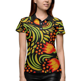 Женская рубашка поло 3D с принтом Хохлома тюльпаны в Тюмени,  |  | 