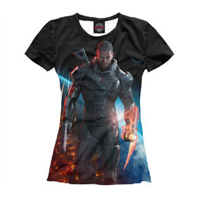 Женская футболка 3D с принтом Mass Effect — Шепард , Выбор из трех типов ткани | <ul> <li>Обычная ткань — интерлок, спортивный трикотаж. Плотность 140 г/м.кв. Состав: 100% полиэстер</li> <li>Премиум ткань — джерси, мягкий трикотаж. Плотность 180 г/м.кв. Состав: 97% полиэстер, 3% эластан</li> <li>Люкс ткань — кулирка, наиболее плотная и долговечня ткань. Плотность 210 г/м.кв. Состав: 97% полиэстер, 3% эластан</li> </ul> | 
