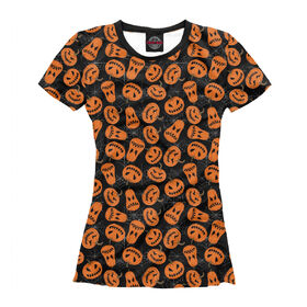 Женская футболка 3D с принтом Halloween Pumpkin , Выбор из трех типов ткани | <ul> <li>Обычная ткань — интерлок, спортивный трикотаж. Плотность 140 г/м.кв. Состав: 100% полиэстер</li> <li>Премиум ткань — джерси, мягкий трикотаж. Плотность 180 г/м.кв. Состав: 97% полиэстер, 3% эластан</li> <li>Люкс ткань — кулирка, наиболее плотная и долговечня ткань. Плотность 210 г/м.кв. Состав: 97% полиэстер, 3% эластан</li> </ul> | 