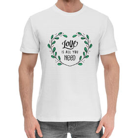 Мужская хлопковая футболка с принтом Love is all you need в Тюмени,  |  | Тематика изображения на принте: 