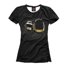 Женская футболка 3D с принтом Daft Punk в Тюмени, Выбор из трех типов ткани | <ul> <li>Обычная ткань — интерлок, спортивный трикотаж. Плотность 140 г/м.кв. Состав: 100% полиэстер</li> <li>Премиум ткань — джерси, мягкий трикотаж. Плотность 180 г/м.кв. Состав: 97% полиэстер, 3% эластан</li> <li>Люкс ткань — кулирка, наиболее плотная и долговечня ткань. Плотность 210 г/м.кв. Состав: 97% полиэстер, 3% эластан</li> </ul> | 