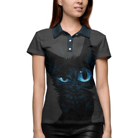 Женская рубашка поло 3D с принтом Black kitten в Кировске,  |  | Тематика изображения на принте: 