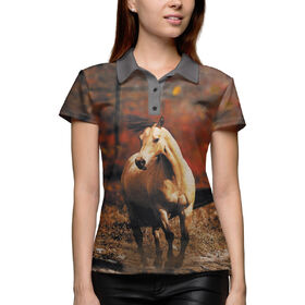 Женская рубашка поло 3D с принтом Лошади ,  |  | Тематика изображения на принте: 