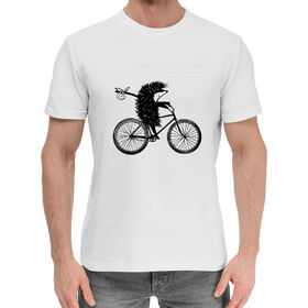 Мужская хлопковая футболка с принтом Ежик на велосипеде в Курске,  |  | Тематика изображения на принте: 