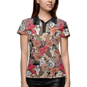 Женская рубашка поло 3D с принтом Dogs and flowers в Тюмени,  |  | 