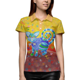 Женская рубашка поло 3D с принтом Счастливый полосатый кот ,  |  | Тематика изображения на принте: 