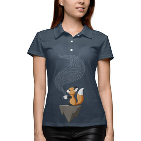 Женская рубашка поло 3D с принтом Лисенок с чашкой чая в Кировске,  |  | Тематика изображения на принте: 