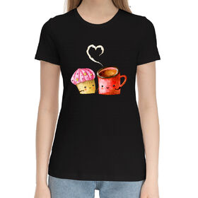 Женская хлопковая футболка с принтом Мороженка и кофе в Кировске,  |  | 