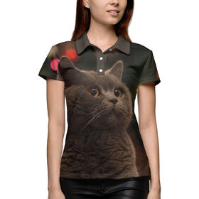 Женская рубашка поло 3D с принтом Новогодний кот ,  |  | Тематика изображения на принте: 