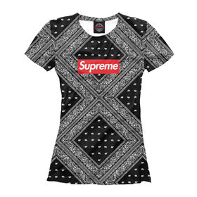 Женская футболка 3D с принтом Supreme Bandana Track , Выбор из трех типов ткани | <ul> <li>Обычная ткань — интерлок, спортивный трикотаж. Плотность 140 г/м.кв. Состав: 100% полиэстер</li> <li>Премиум ткань — джерси, мягкий трикотаж. Плотность 180 г/м.кв. Состав: 97% полиэстер, 3% эластан</li> <li>Люкс ткань — кулирка, наиболее плотная и долговечня ткань. Плотность 210 г/м.кв. Состав: 97% полиэстер, 3% эластан</li> </ul> | 