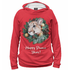 Худи 3D для мальчика с принтом Happy Puma Year! в Новосибирске, Сандвич,  плотность180 гр/кв. м.; Состав: 100% полиэстер | Ткань сандвич - ткань, специально разработанная для сублимационной печати. Снаружи это 100% полиэстеровый трикотаж, изнутри - 100% нежный хлопок.  Ткань мягкая, эластичная, хорошо держит форму. Ткань не мнется, гигиеничная, хорошо пропускает воздух, легко впитывает влагу, легко стирается и  быстро сохнет.  | Тематика изображения на принте: 