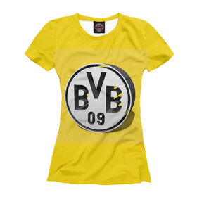 Женская футболка 3D с принтом Borussia Dortmund Logo в Екатеринбурге, Выбор из трех типов ткани | <ul> <li>Обычная ткань — интерлок, спортивный трикотаж. Плотность 140 г/м.кв. Состав: 100% полиэстер</li> <li>Премиум ткань — джерси, мягкий трикотаж. Плотность 180 г/м.кв. Состав: 97% полиэстер, 3% эластан</li> <li>Люкс ткань — кулирка, наиболее плотная и долговечня ткань. Плотность 210 г/м.кв. Состав: 97% полиэстер, 3% эластан</li> </ul> | 