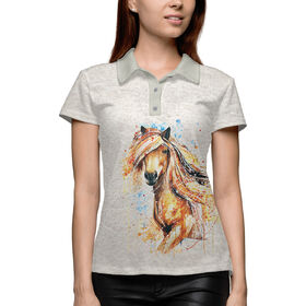 Женская рубашка поло 3D с принтом Конь акварель в Курске,  |  | 