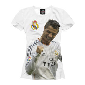 Женская футболка 3D с принтом Ronaldo в Новосибирске, Выбор из трех типов ткани | <ul> <li>Обычная ткань — интерлок, спортивный трикотаж. Плотность 140 г/м.кв. Состав: 100% полиэстер</li> <li>Премиум ткань — джерси, мягкий трикотаж. Плотность 180 г/м.кв. Состав: 97% полиэстер, 3% эластан</li> <li>Люкс ткань — кулирка, наиболее плотная и долговечня ткань. Плотность 210 г/м.кв. Состав: 97% полиэстер, 3% эластан</li> </ul> | 