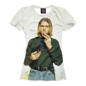 Женская футболка 3D с принтом Kurt Cobain в Екатеринбурге, Выбор из трех типов ткани | <ul> <li>Обычная ткань — интерлок, спортивный трикотаж. Плотность 140 г/м.кв. Состав: 100% полиэстер</li> <li>Премиум ткань — джерси, мягкий трикотаж. Плотность 180 г/м.кв. Состав: 97% полиэстер, 3% эластан</li> <li>Люкс ткань — кулирка, наиболее плотная и долговечня ткань. Плотность 210 г/м.кв. Состав: 97% полиэстер, 3% эластан</li> </ul> | 