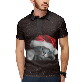 Мужская рубашка поло 3D с принтом Котик новогодний в Екатеринбурге,  |  | Тематика изображения на принте: 