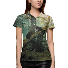 Женская рубашка поло 3D с принтом Утро в сосновом лесу в Петрозаводске,  |  | 