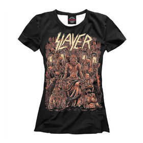 Футболка для девочек с принтом Slayer в Тюмени, Интерлок, плотность ткани 135-140 гр/кв.м; Состав: 100% полиэстер | Ткань сандвич - ткань, специально разработанная для сублимационной печати. Снаружи это 100% полиэстеровый трикотаж, изнутри - 100% нежный хлопок.  Ткань мягкая, эластичная, хорошо держит форму. Ткань не мнется, гигиеничная, хорошо пропускает воздух, легко впитывает влагу, легко стирается и  быстро сохнет. 	 | Тематика изображения на принте: 