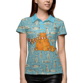 Женская рубашка поло 3D с принтом Кот с рыбкой в Кировске,  |  | Тематика изображения на принте: 