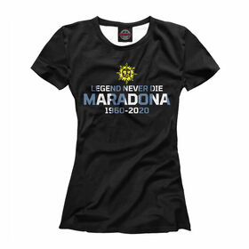 Женская футболка 3D с принтом Maradona в Тюмени, Выбор из трех типов ткани | <ul> <li>Обычная ткань — интерлок, спортивный трикотаж. Плотность 140 г/м.кв. Состав: 100% полиэстер</li> <li>Премиум ткань — джерси, мягкий трикотаж. Плотность 180 г/м.кв. Состав: 97% полиэстер, 3% эластан</li> <li>Люкс ткань — кулирка, наиболее плотная и долговечня ткань. Плотность 210 г/м.кв. Состав: 97% полиэстер, 3% эластан</li> </ul> | 