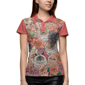 Женская рубашка поло 3D с принтом Коты в цветах в Кировске,  |  | Тематика изображения на принте: 