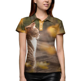Женская рубашка поло 3D с принтом Осенний кот в Екатеринбурге,  |  | 
