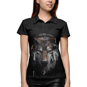 Женская рубашка поло 3D с принтом Волк в наушниках в Курске,  |  | 
