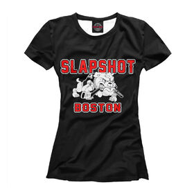 Футболка для девочек с принтом Slapshot Boston в Новосибирске, Интерлок, плотность ткани 135-140 гр/кв.м; Состав: 100% полиэстер | Ткань сандвич - ткань, специально разработанная для сублимационной печати. Снаружи это 100% полиэстеровый трикотаж, изнутри - 100% нежный хлопок.  Ткань мягкая, эластичная, хорошо держит форму. Ткань не мнется, гигиеничная, хорошо пропускает воздух, легко впитывает влагу, легко стирается и  быстро сохнет. 	 | 