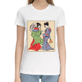 Женская хлопковая футболка с принтом Японские Гейши Укиё-э в Петрозаводске,  |  | Тематика изображения на принте: 