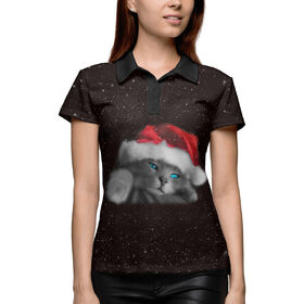 Женская рубашка поло 3D с принтом Котик новогодний ,  |  | 