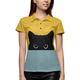 Женская рубашка поло 3D с принтом Черная кошка в Кировске,  |  | Тематика изображения на принте: 