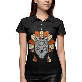Женская рубашка поло 3D с принтом Волк индеец в Курске,  |  | 