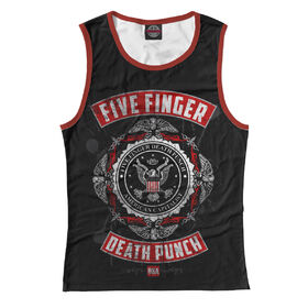 Женская майка 3D с принтом Five Finger Death Punch в Екатеринбурге, Джерси, плотность ткани 175 гр/кв.м.; Состав: 100% полиэстер | Джерси 180 гр./кв.м - один из самых востребованных видов трикотажной ткани. Известность материалу принесла именитая француженка Коко Шанель и в 1916 году представила парижскому модному обществу свою новую коллекцию. Изделия из данной ткани плотнее, более мягкие, легкие, практически не чувствуются на теле. Вещи из нее можно смело брать с собой в поездки, в которых вы не планируете тратить время на глажку одежды. Цвет не померкнет спустя множество стирок. | 