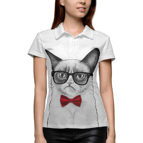 Женская рубашка поло 3D с принтом Суровый кот ,  |  | Тематика изображения на принте: 