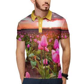 Мужское поло 3D с принтом Розовые тюльпаны ,  |  | Тематика изображения на принте: 