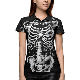 Женская рубашка поло 3D с принтом Floral Skeleton в Кировске,  |  | Тематика изображения на принте: 