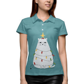 Женская рубашка поло 3D с принтом Cute christmas cat в Курске,  |  | 