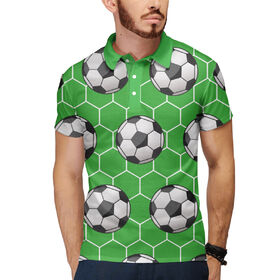 Мужское поло 3D с принтом Футбольные мячи на зеленом фоне ,  |  | 