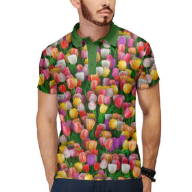 Мужское поло 3D с принтом Разноцветные тюльпаны ,  |  | Тематика изображения на принте: 