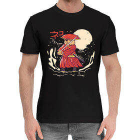 Мужская хлопковая футболка с принтом Кот самурай в Курске,  |  | Тематика изображения на принте: 
