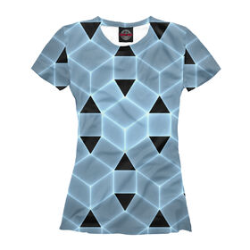 Женская футболка 3D с принтом Blue cube в Тюмени, Выбор из трех типов ткани | <ul> <li>Обычная ткань — интерлок, спортивный трикотаж. Плотность 140 г/м.кв. Состав: 100% полиэстер</li> <li>Премиум ткань — джерси, мягкий трикотаж. Плотность 180 г/м.кв. Состав: 97% полиэстер, 3% эластан</li> <li>Люкс ткань — кулирка, наиболее плотная и долговечня ткань. Плотность 210 г/м.кв. Состав: 97% полиэстер, 3% эластан</li> </ul> | 