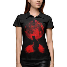 Женская рубашка поло 3D с принтом Кот и луна ,  |  | Тематика изображения на принте: 