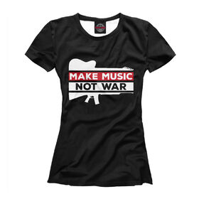 Футболка для девочек с принтом Make Music not war в Белгороде, Интерлок, плотность ткани 135-140 гр/кв.м; Состав: 100% полиэстер | Ткань сандвич - ткань, специально разработанная для сублимационной печати. Снаружи это 100% полиэстеровый трикотаж, изнутри - 100% нежный хлопок.  Ткань мягкая, эластичная, хорошо держит форму. Ткань не мнется, гигиеничная, хорошо пропускает воздух, легко впитывает влагу, легко стирается и  быстро сохнет. 	 | 