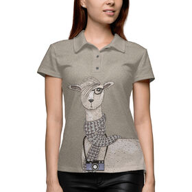 Женская рубашка поло 3D с принтом Симпатичная лама с фотоаппаратом в Курске,  |  | 