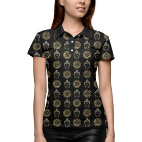 Женская рубашка поло 3D с принтом Будда и золотая мандала (солнце) в Курске,  |  | Тематика изображения на принте: 