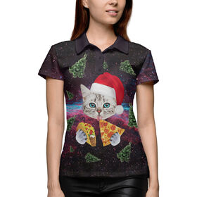 Женская рубашка поло 3D с принтом Котик с Пиццей и Ёлочки в Белгороде,  |  | Тематика изображения на принте: 