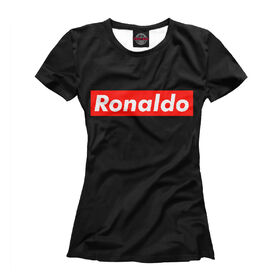 Женская футболка 3D с принтом Ronaldo в Курске, Выбор из трех типов ткани | <ul> <li>Обычная ткань — интерлок, спортивный трикотаж. Плотность 140 г/м.кв. Состав: 100% полиэстер</li> <li>Премиум ткань — джерси, мягкий трикотаж. Плотность 180 г/м.кв. Состав: 97% полиэстер, 3% эластан</li> <li>Люкс ткань — кулирка, наиболее плотная и долговечня ткань. Плотность 210 г/м.кв. Состав: 97% полиэстер, 3% эластан</li> </ul> | 